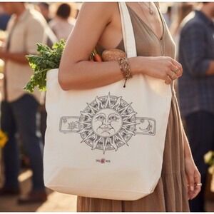 DEL SOL Canvas Tote Bag Celestial Stars Sun Moon Sustainable Natural Indie Large